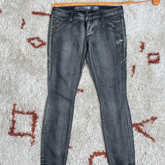 Express Jeans- Black Washed w/ Rhinestones- Sz 12- Zelda Slim Fit Ultra Low Rise - Picture 1 of 10